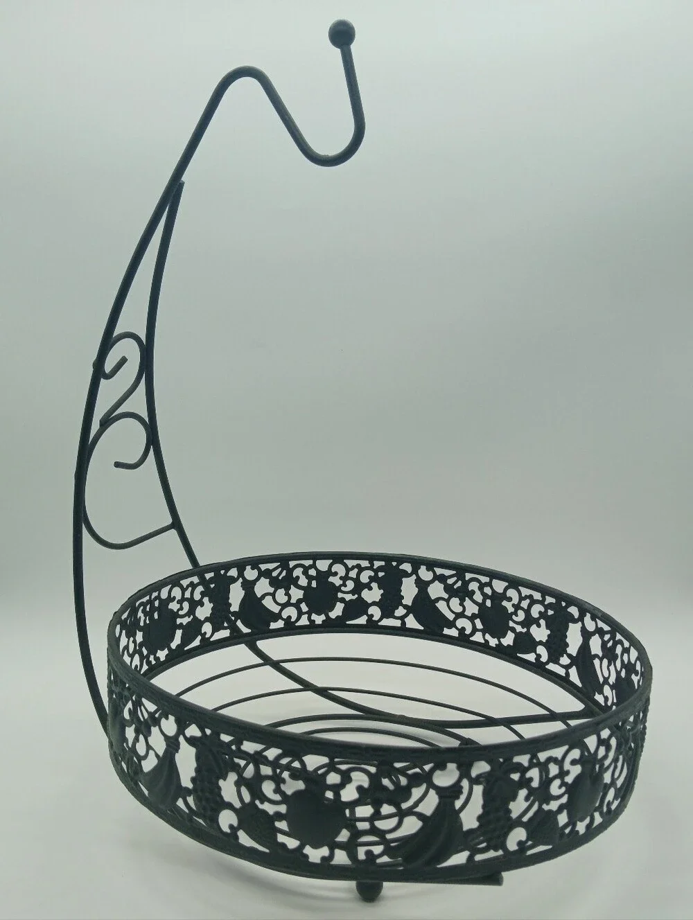Ornate Fruit Basket with Banana Tree Hanger | Round Metal Fruit Storage Bowl